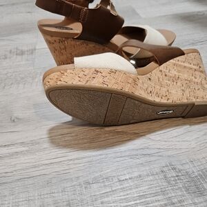 Elegant Brown and Cream Wedge Sandals